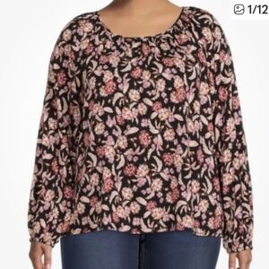 Terra & Sky Womens Plus Size 1X Black Floral Peasant Top Long Sleeve Blouse NEW
